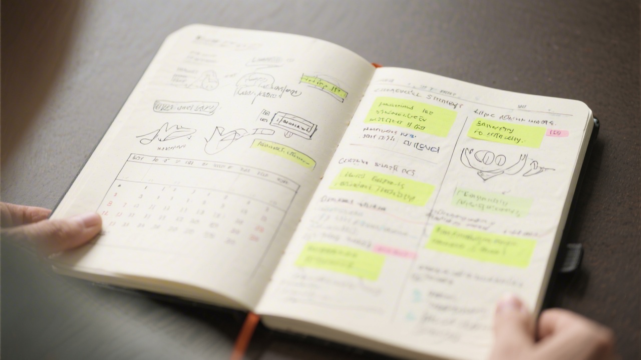 Open notebook with content strategy sketches, editorial calendar notes, and highlighted key messages, indicating a structured and methodical approach to planning.