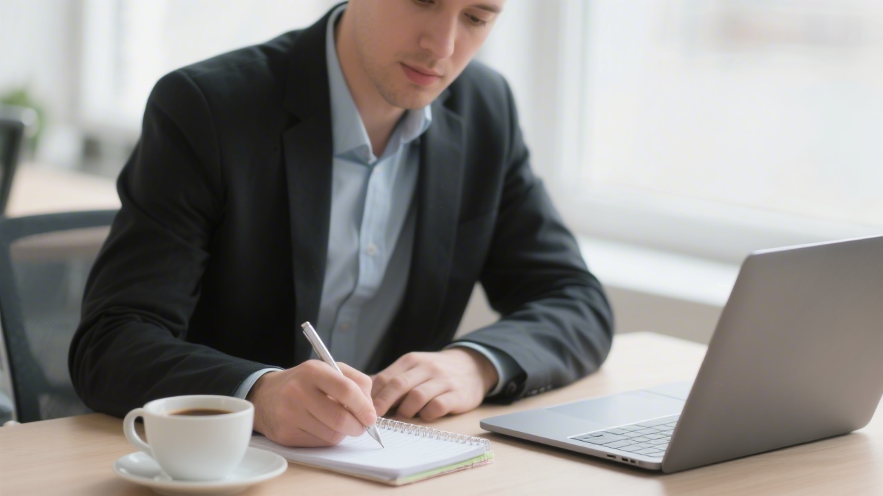 Consultant preparing notes beside a laptop and a cup of coffee, suggesting careful review of client objectives before a response is sent.