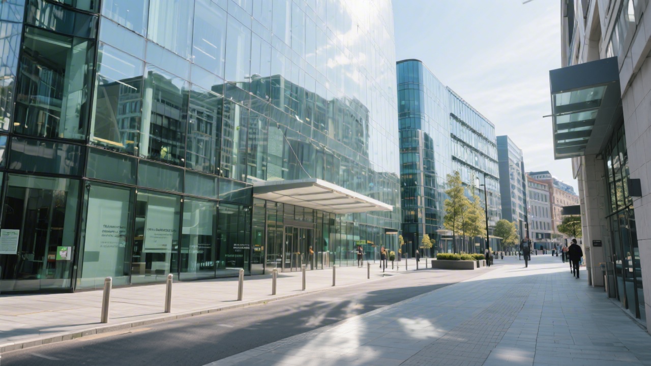 Exterior view of a modern Dublin business district with glass buildings and pedestrian walkways, suggesting a professional location for client meetings and training sessions.