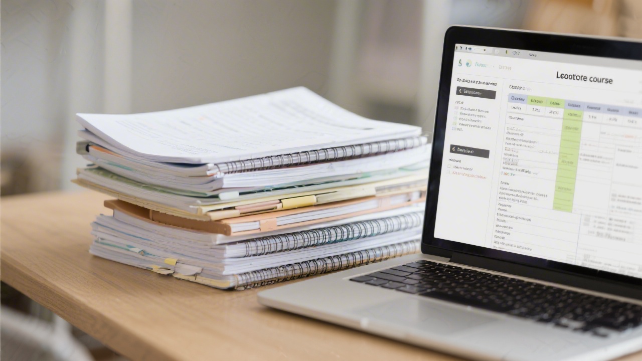 Stack of course materials including notebooks, printed agendas, and a laptop displaying a lesson plan, suggesting organised and professional learning resources.