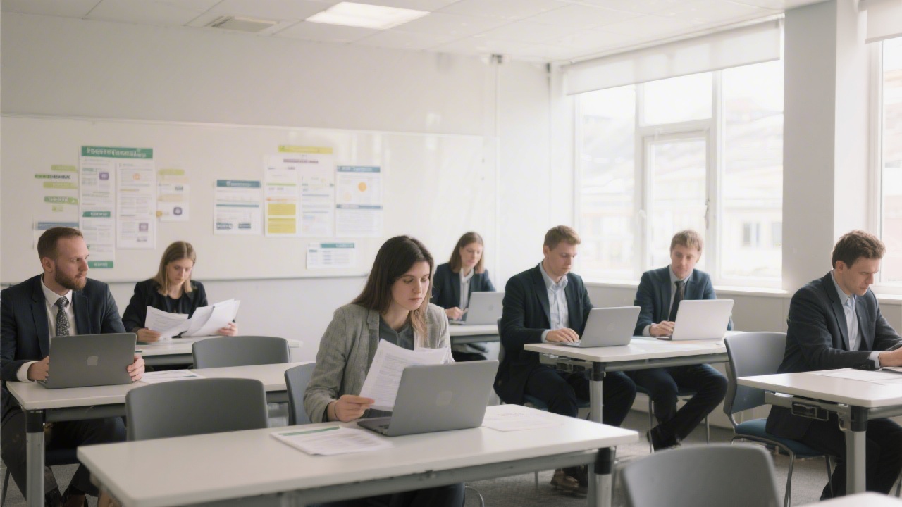 Modern training classroom in Dublin with professionals reviewing laptops and printed content frameworks, bright natural light and neutral decor, showing a focused yet collaborative learning environment.