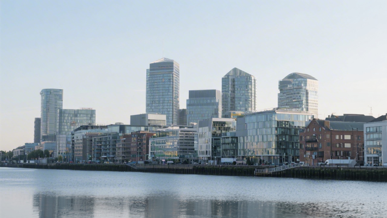 Dublin office skyline with modern buildings and a calm waterfront view, representing the Irish business environment where content teams operate and collaborate.
