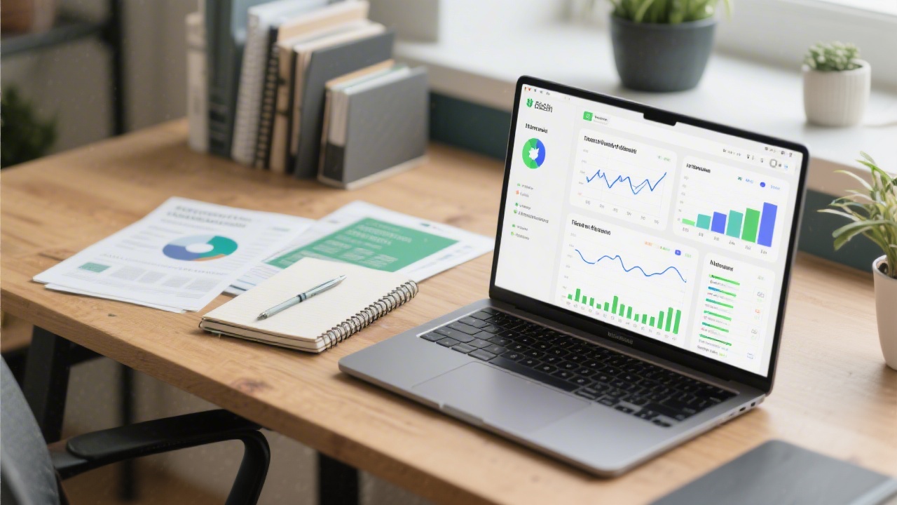 Desk scene with Irish market research reports, notebooks, and a laptop showing analytics dashboards, capturing a structured approach to content strategy and research for B2B teams.