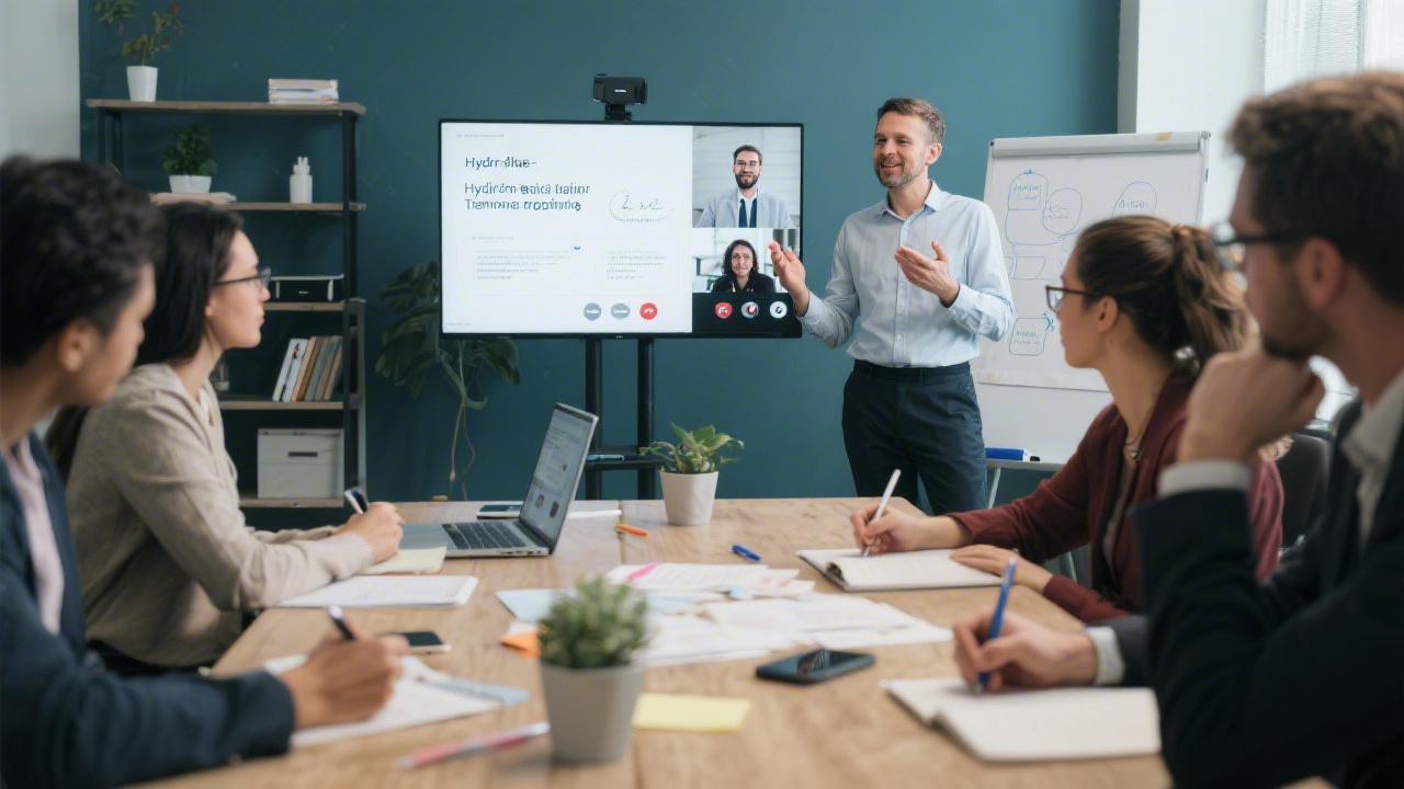 Remote workshop setup with a facilitator on a video call and participants taking notes on a shared screen, showcasing hybrid-friendly training delivery.