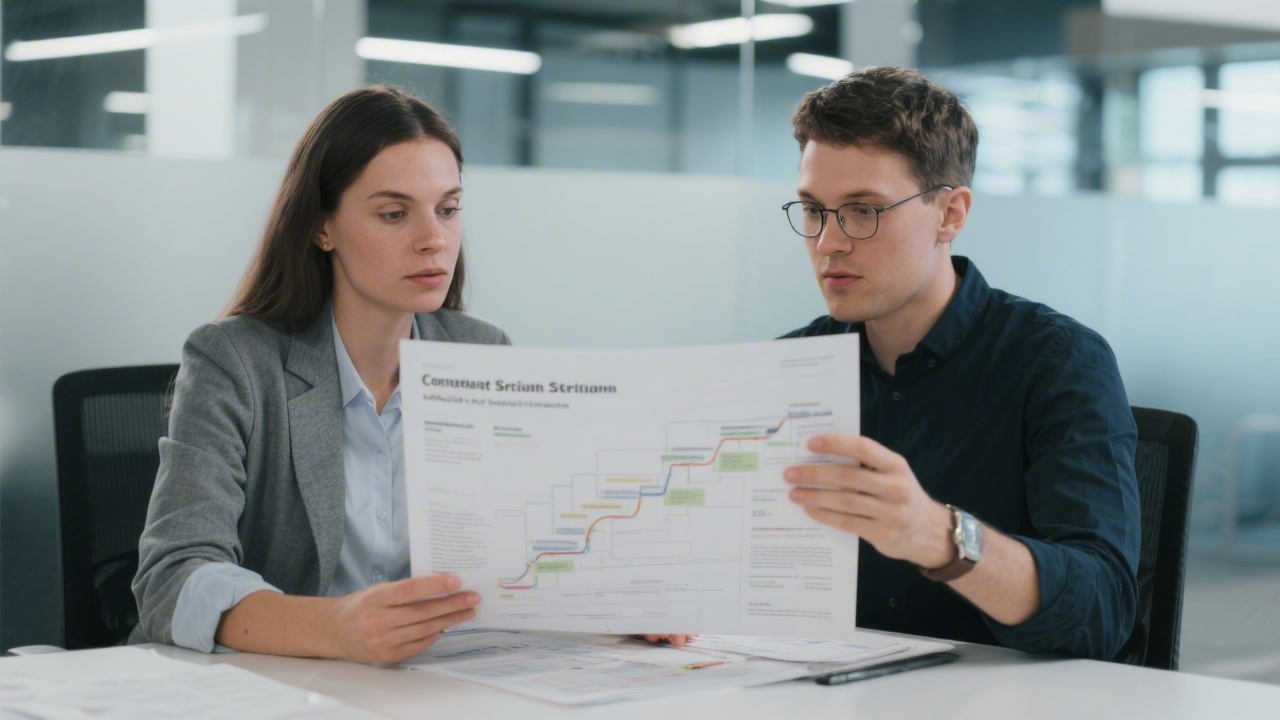 Content strategist reviewing a printed brief and editorial roadmap with a colleague in a modern office setting, demonstrating professional service delivery for B2B content teams.