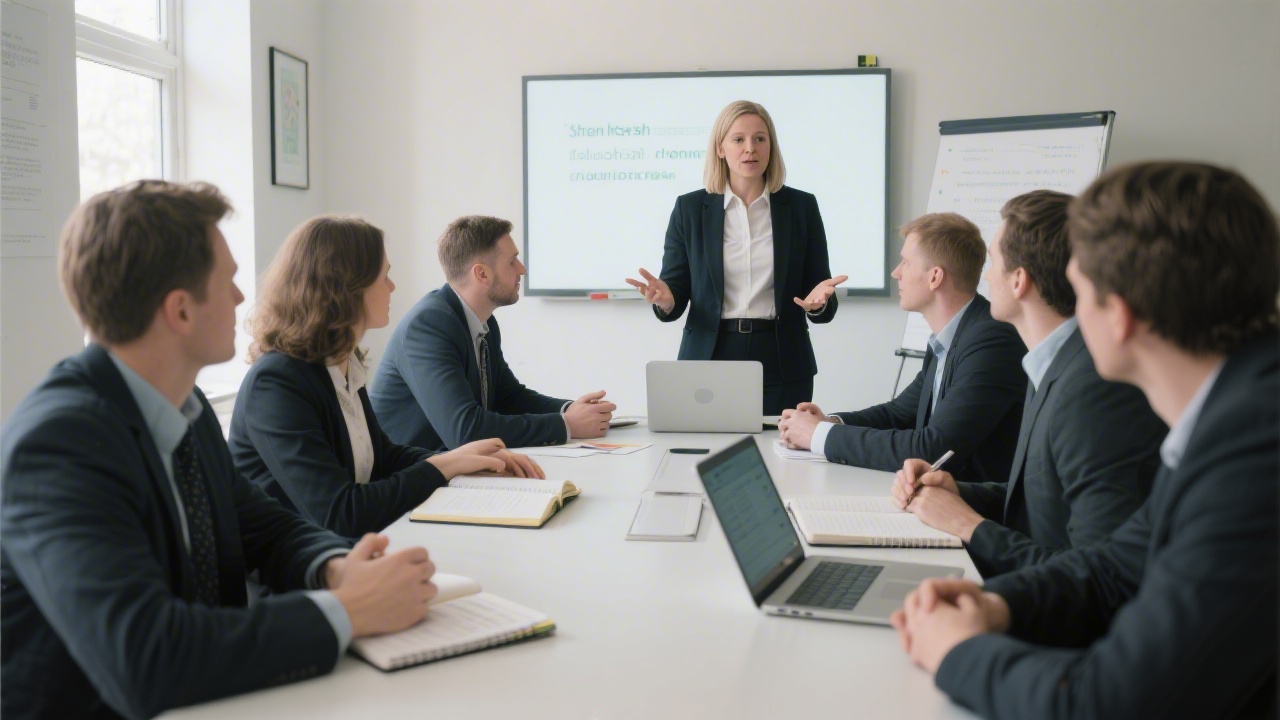 Facilitator leading a small training session with Irish professionals gathered around a table, notebooks and laptops open, suggesting a collaborative learning atmosphere.