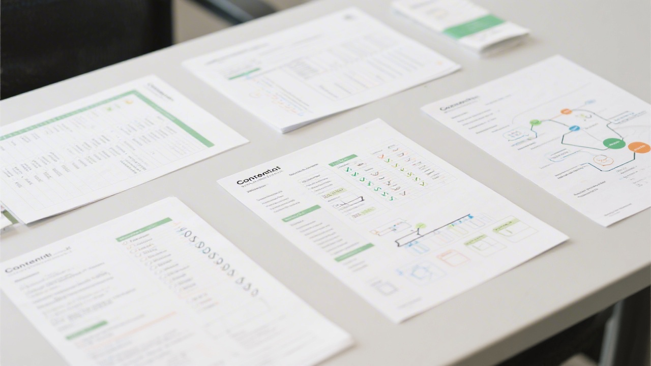Close-up of printed content templates, checklists, and editorial workflow diagrams laid out on a clean table, representing hands-on resources for content teams.