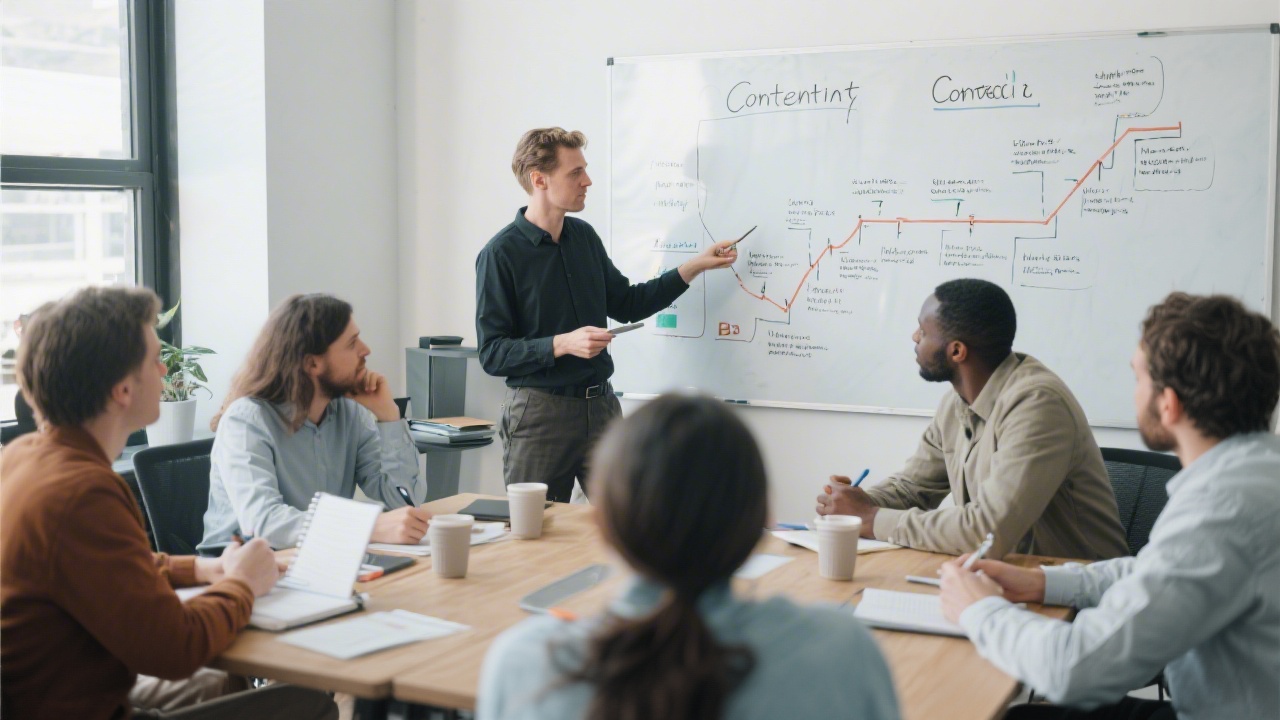 Small group workshop with a facilitator explaining a content roadmap on a whiteboard, team members taking notes and collaborating, reflecting practical training for B2B marketing teams.